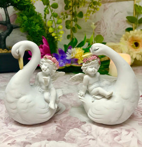Pair of Cherubs Riding Swans Figurines Cherub Collection Home Ornaments