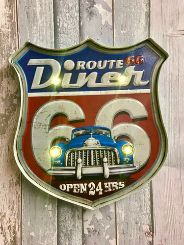 Vintage Metal 3D LED Logo Diner Sign Route 66 Garage Car Man Cave Wall Plaque-OsirisTradingUK