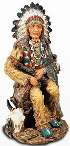 Large Chief Native American Peace Pipe Bison Skull Figurine Statue Ornament-OsirisTradingUK