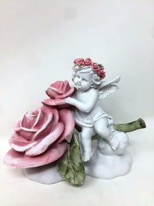 Guardian Angel Resting on Rose Figurine Cherub with Flower Statue Ornament