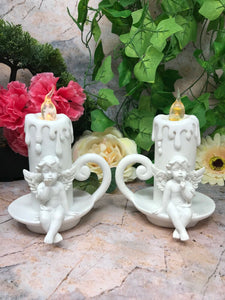 Pair of Guardian Angel Cherub Resting On Candle Holder with LED Light Sculpture-Collectables:Fantasy, Myth & Magic:Mythical Creatures:Angels-OsirisTradingUK