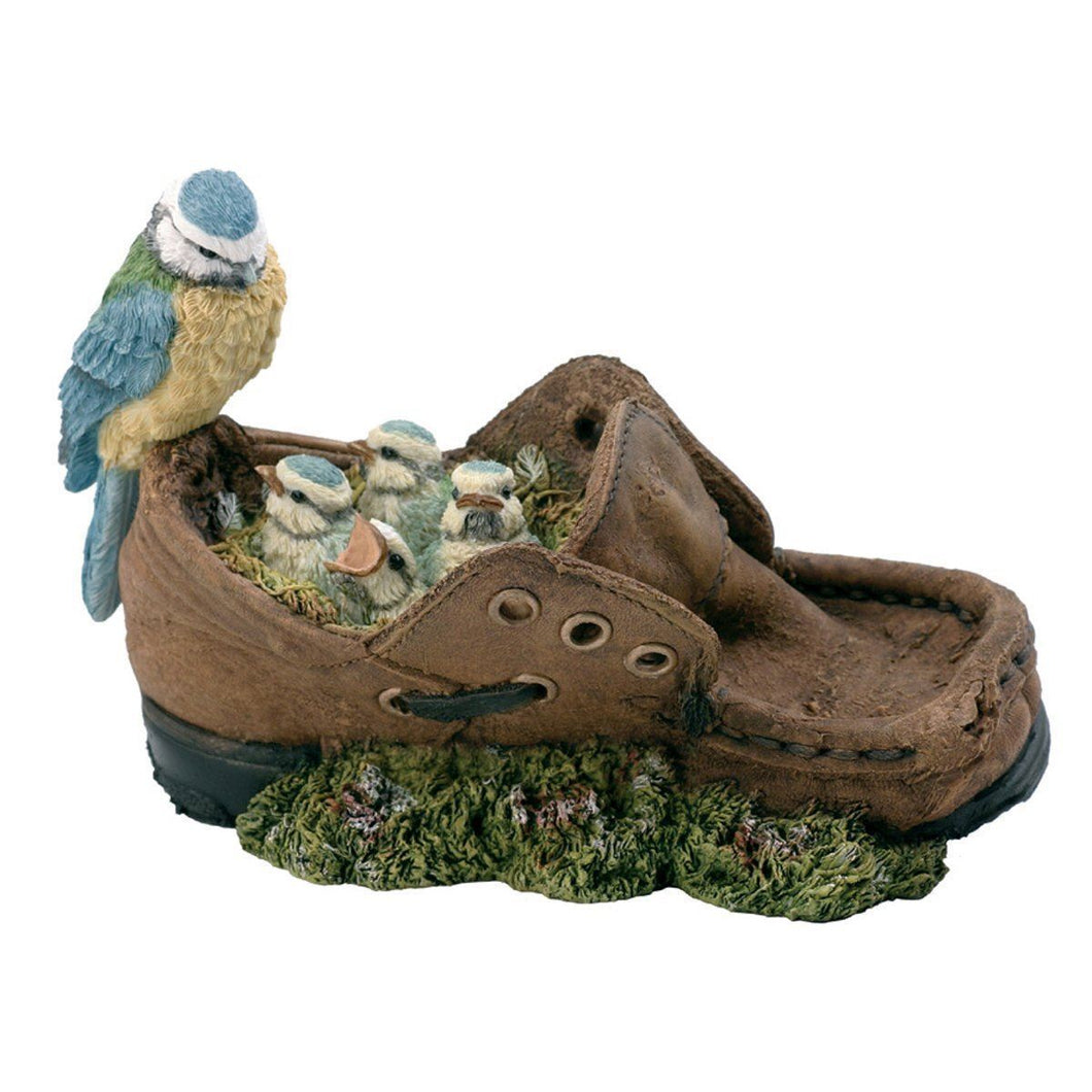 BLUE TIT FAMILY IN SHOE BIRD ORNAMENT FIGURE STYLE OF BOWBROOK