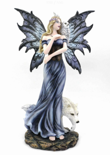 Large Fairy with Wolf and Owl Companion Sculpture Statue Mythical Creatures-OsirisTradingUK