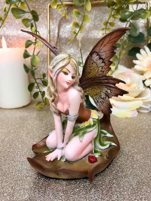 Green Flower Fairy Resting on Leaf Figurine Statue Ornament