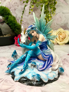 Sitting Blue Winter Fairy with Unicorn Display Figurine Statue Ornament-OsirisTradingUK
