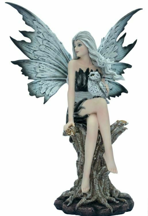 Large Dark Gothic Fairy and Owl Companion Sculpture Statue Mythical Creatures