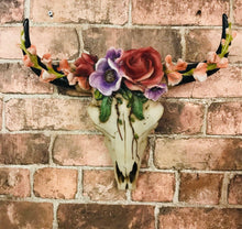 Load image into Gallery viewer, Floral Vintage Style Bison Skull Wall Plaque Cow Horns Animal Skulls Garden-OsirisTradingUK
