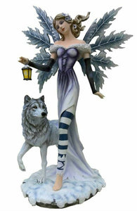 Large Winter Fairy Messenger and Wolf Companion Sculpture Statue Figure Ornament