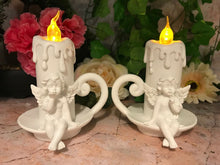 Laden Sie das Bild in den Galerie-Viewer, Pair of Guardian Angel Cherub Resting On Candle Holder with LED Light Sculpture-Collectables:Fantasy, Myth &amp; Magic:Mythical Creatures:Angels-OsirisTradingUK
