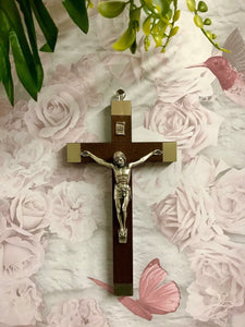 Walnut Wood Crucifix Cross Wall Hanging Silver Jesus Religious Gift-OsirisTradingUK