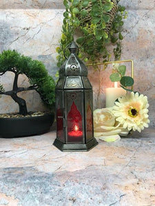 Moroccan Style Lantern Zinc Antique Red Glass Tea Light Candle Holder-OsirisTradingUK