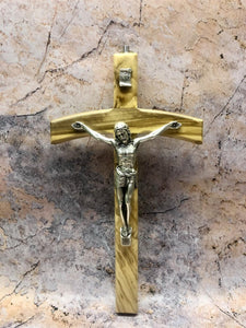 Olive Wood Crucifix Hanging Wall Cross Silver Metal Corpus Religious 20 cm-OsirisTradingUK