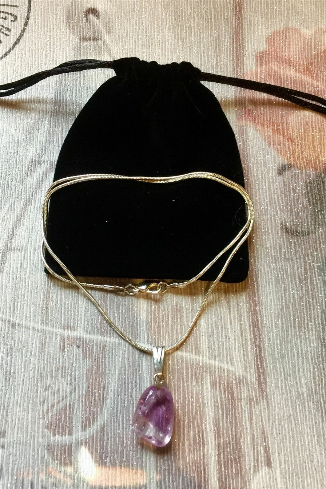 Tumbled Amethyst Quartz Pendant on Silver Plated Chain Necklace