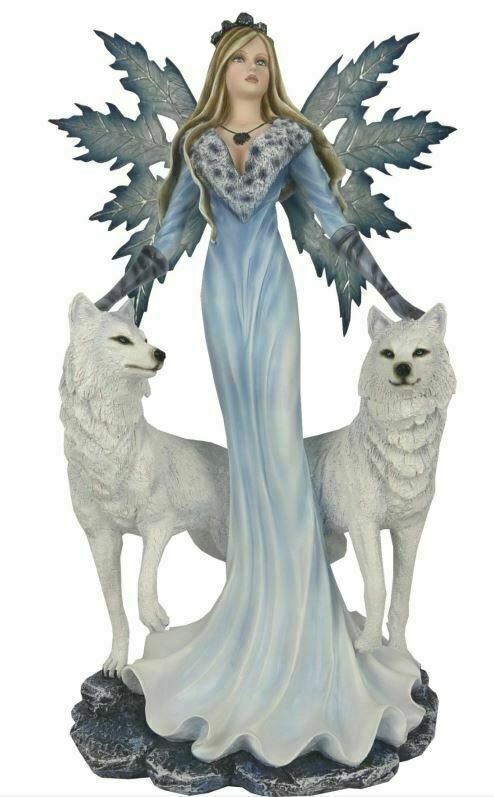 Large Winter Fairy and Wolf Companion Sculpture Statue Wolves Mythical Creatures