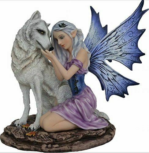 Fantasy Purple Fairy with Wolf Display Figurine Statue Magical Ornament Gift