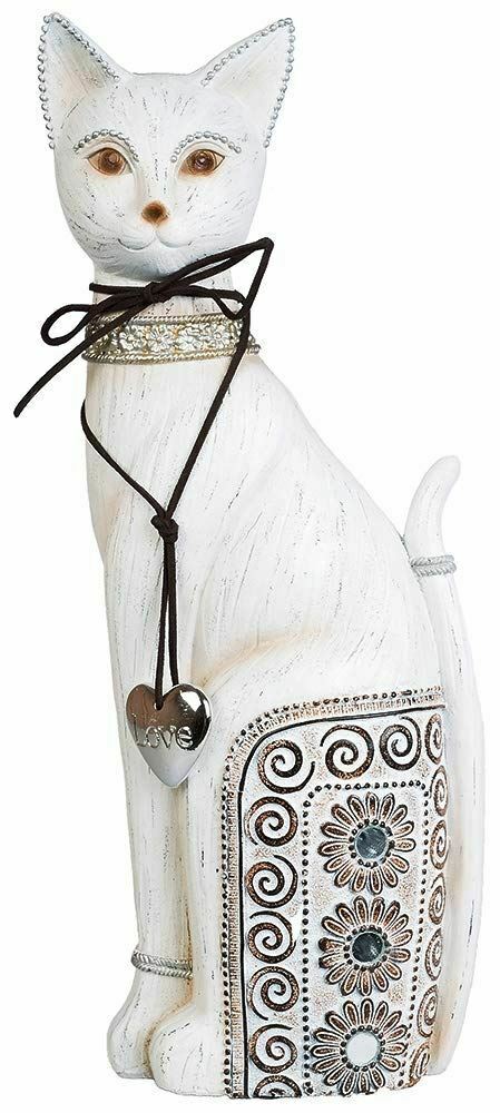 Large Rustic Style Cat Silver Heart Ornament Figurine Gift Cats Kitten Lovers