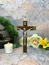 Load image into Gallery viewer, Walnut Wood Crucifix Cross Wall Hanging Silver Jesus Religious Gift-OsirisTradingUK
