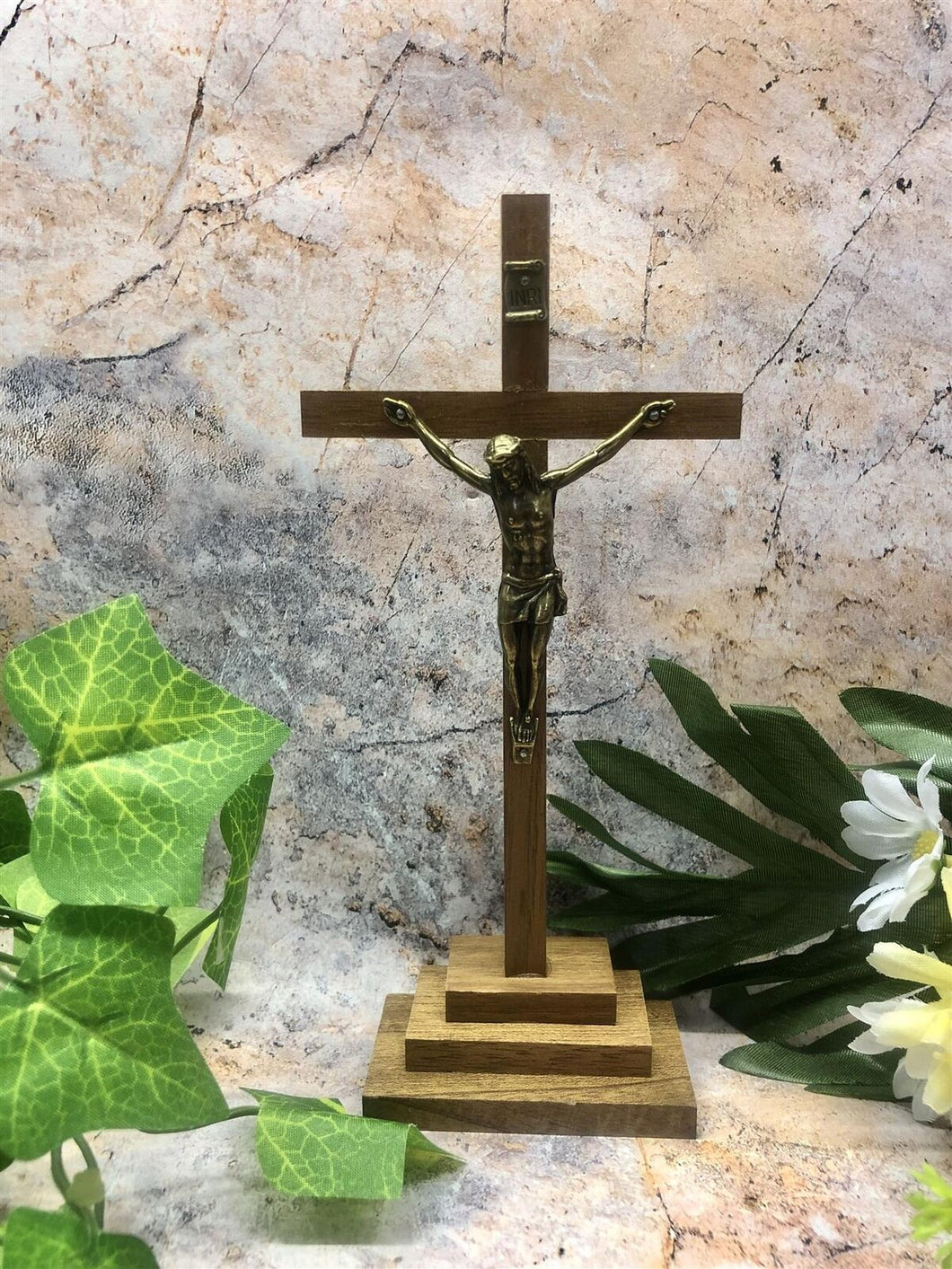 Wooden Freestanding Crucifix Cross Brass Corpus Religious Ornament