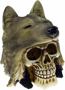 Indian Chief Skull with Wolf Hat Figurine Native American Collection Sculpture-OsirisTradingUK