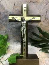Load image into Gallery viewer, Freestanding Dark Wood Crucifix Metal Inlay Corpus Christi Jesus Cross Religious
