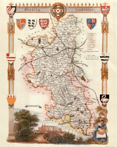Buckinghamshire Antique Map Reproduction Card Backed 16X20