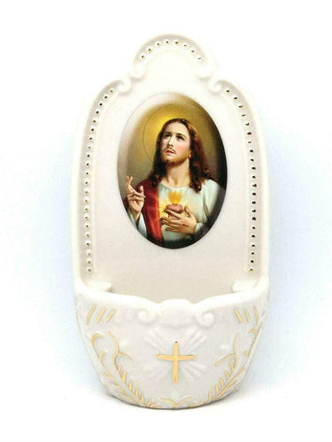 Porcelain Sacred Heart Jesus Holy Water Font Religious Wall Decor Catholic Gift-OsirisTradingUK