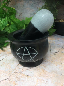 Pentagram Black Soap Stone Mortar and Pestle Wiccan Pagan Altar Pentacle Symbol