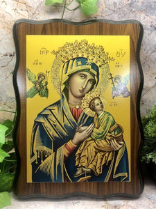 Wooden Picture Our Lady of Perpetual Help Virgin Mary Religious Wall Decor-OsirisTradingUK