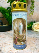 Load image into Gallery viewer, Lourdes Grave Candle Windproof Cap Prayer on Reverse Religious Graveside-OsirisTradingUK
