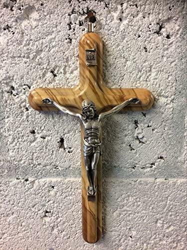 Crucifix Hanging Wall Cross Silver Metal Corpus Religious Olive Wood 20 cm-OsirisTradingUK