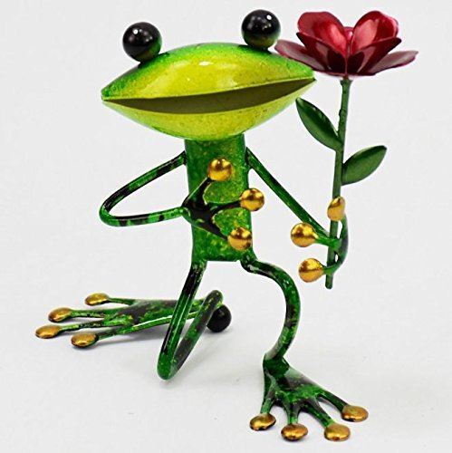 GREEN METAL FROG WITH FLOWER SCULPTURE GARDEN ORNAMENT FIGURE FROGS-OsirisTradingUK