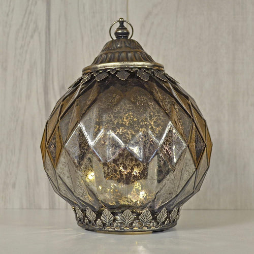 Grey LED Moroccan Style Glass Battery Powered Lantern Home Decor Lighting-OsirisTradingUK