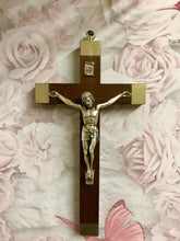 Load image into Gallery viewer, Walnut Wood Crucifix Cross Wall Hanging Silver Jesus Religious Gift-OsirisTradingUK
