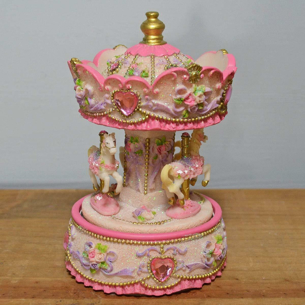 Baby Girl Pink Musical Horse Carousel With Roses and Hearts Music Box