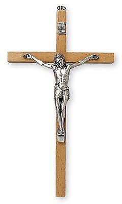 Beech Wood Wall Hanging Crucifix Cross Silver Jesus Religious Ornament-OsirisTradingUK