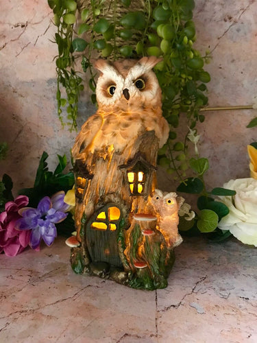 Novelty Owls House with Led Light Figurine Statue Ornament Owl Gift-OsirisTradingUK
