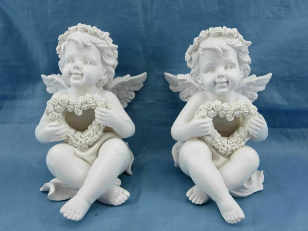 Pair of Guardian Angel Figurine Cherubs Holding Hearts Statue Ornament Sculpture