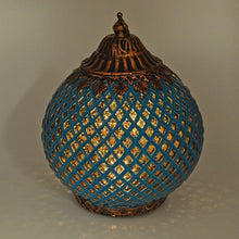 Laden Sie das Bild in den Galerie-Viewer, Moroccan Style LED Lantern Blue Pattern with Bronze Finish Lights up Home Decor H18-OsirisTradingUK
