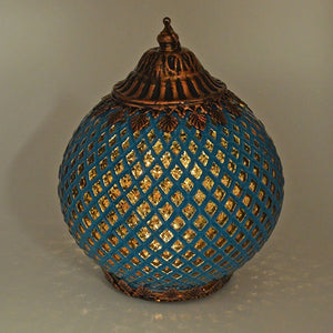 Moroccan Style LED Lantern Blue Pattern with Bronze Finish Lights up Home Decor H18-OsirisTradingUK