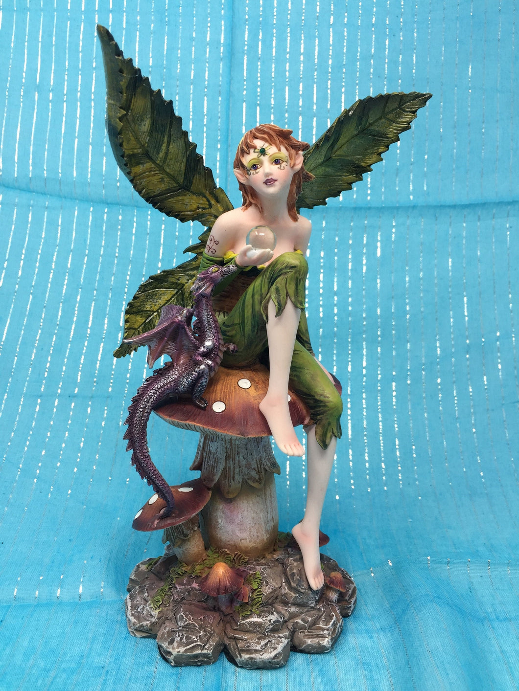 Fairy Sitting on Toadstool With Dragon And Crystal Ball Figurine Statue Ornament