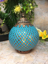 Laden Sie das Bild in den Galerie-Viewer, Moroccan Style LED Lantern Blue Pattern with Bronze Finish Lights up Home Decor H18-OsirisTradingUK
