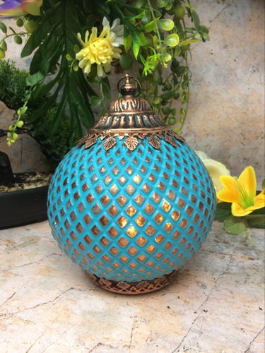 Moroccan Style LED Lantern Blue Pattern with Bronze Finish Lights up Home Decor H18-OsirisTradingUK