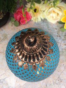 Moroccan Style LED Lantern Blue Pattern with Bronze Finish Lights up Home Decor H18-OsirisTradingUK