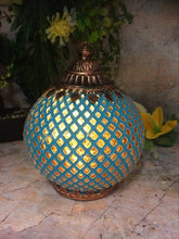 Laden Sie das Bild in den Galerie-Viewer, Moroccan Style LED Lantern Blue Pattern with Bronze Finish Lights up Home Decor H18-OsirisTradingUK
