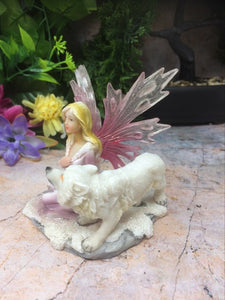 Fairy Sitting with Wolf Figurine Fantasy Fairy Figure Mythical Statue