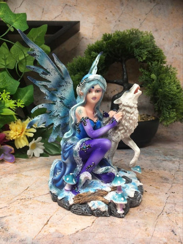 Winter Fairy with Howling Wolf Display Figurine Statue Ornament-OsirisTradingUK