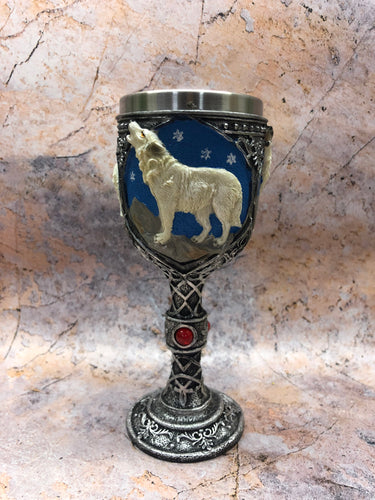 Howling Wolf Goblet Chalice Gothic Decor Full Moon Medieval Style Ornament-OsirisTradingUK