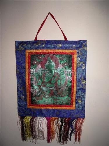 Tibetan Gifts Green Tara Brocade Thangka Wall Hanger-OsirisTradingUK