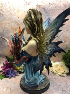 Large Fire Fairy Bust and Dragon Companion Sculpture Statue Mythical Creatures